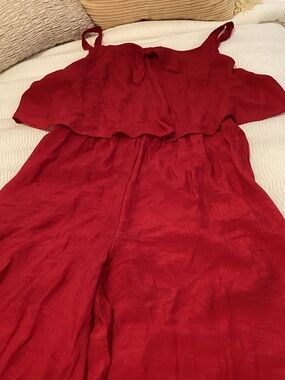 NAIF Red Linen-Blend Ruffle Strap Jumpsuit